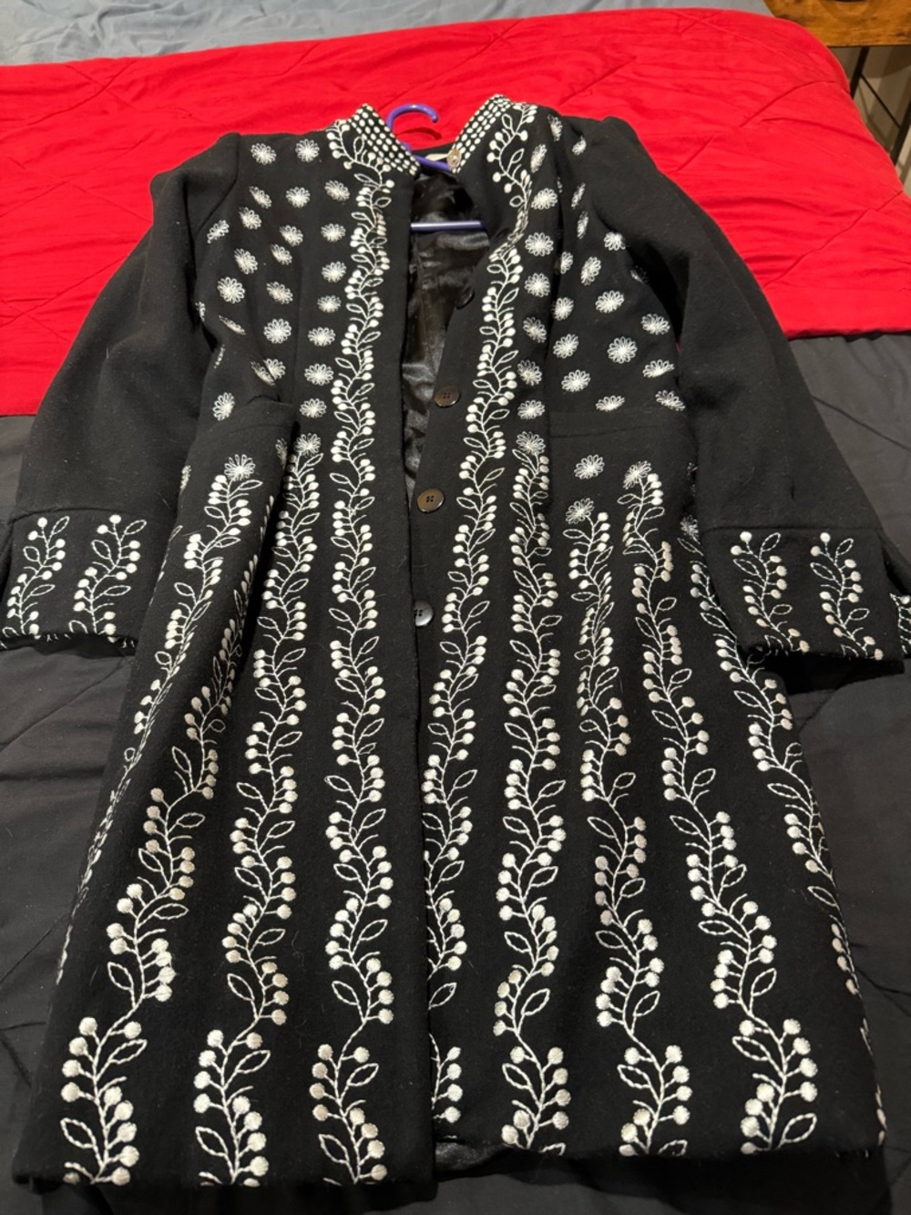 Black Embroidered Trench Coat with White Vine Motif